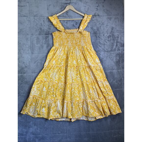 Torrid Dress 1X Yellow Floral Fit & Flare Pockets Peasant Boho Cottage Smocked - Picture 2 of 11